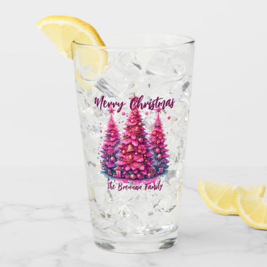 Roze kerstboom Gepersonaliseerde familie Glas (Voorkant ijs)