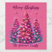 Roze kerstboom Gepersonaliseerde familie Wijn Etiket (Enkel label)