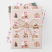 Roze Kerstboom Gingerbread Houses Bows Inpakpapier Vel (In situ)