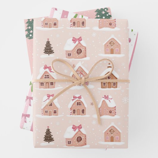 Roze Kerstboom Gingerbread Houses Bows Inpakpapier Vel (In situ)