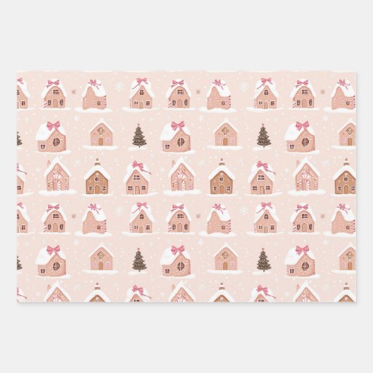 Roze Kerstboom Gingerbread Houses Bows Inpakpapier Vel (Voorkant)