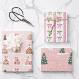Roze Kerstboom Gingerbread Houses Bows Inpakpapier Vel