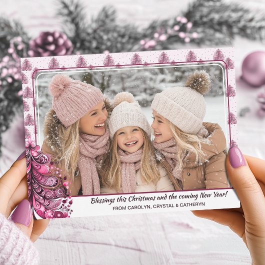 Roze Kerstboom Girly Glam Flat Holiday Kaart