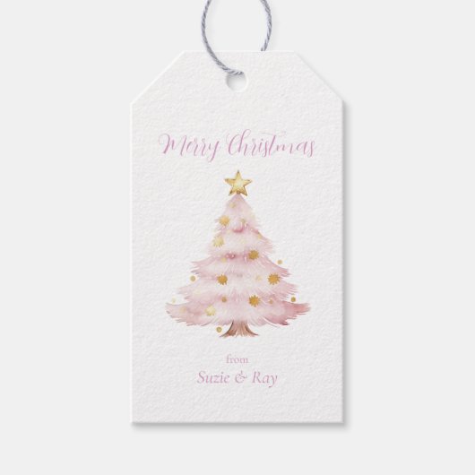 Roze Kerstboom Gouden Sterren Cadeaulabel (Voorkant)