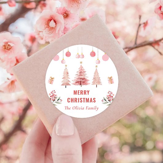 Roze Kerstboom Kerstfeest Ronde Sticker