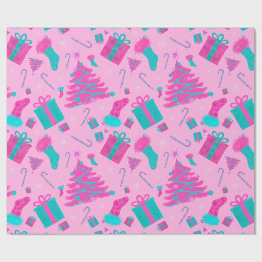 Roze kerstboom kous snoepriet cadeaus cadeaupapier (Vlak)