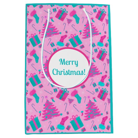 Roze kerstboom kous snoepriet cadeaus medium cadeauzakje (Voorkant)