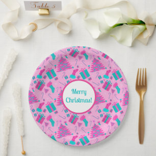 Roze kerstboom kous snoepriet cadeaus papieren bordje