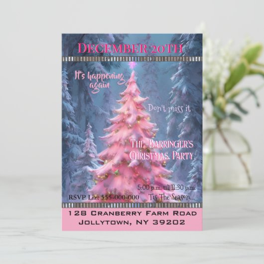 Roze Kerstboom Leuk Elegant Chique Party Kaart (Staand voorkant)