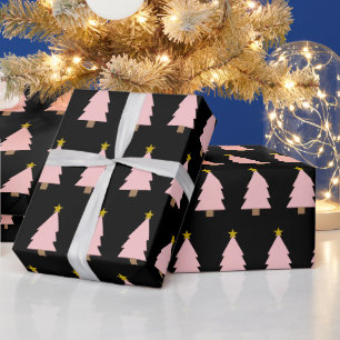 Roze Kerstboom Lijn & Gouden Ster op Zwart Cadeaupapier