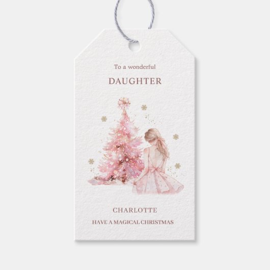 Roze Kerstboom Meisje Cadeaulabel (Voorkant)