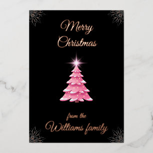 Roze Kerstboom met familienaam Folie Feestdagenkaart