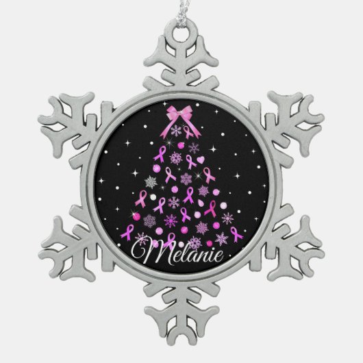 Roze kerstboom met lint Snowflake Tin Sneeuwvlok Ornament (Voorkant)