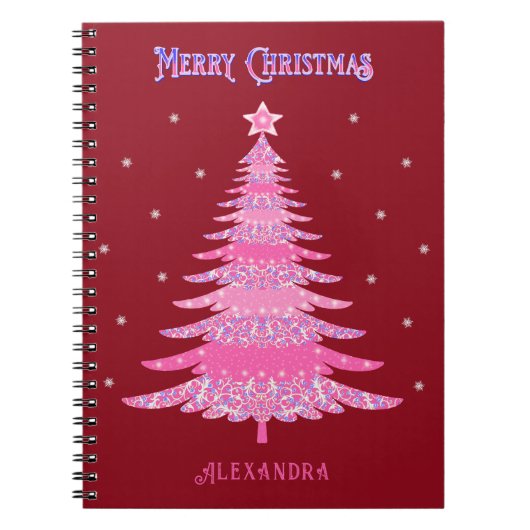 Roze Kerstboom Naam Custom Rood Notitieboek (Voorkant)