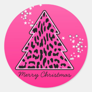 Roze kerstboom op de luipaard ronde sticker