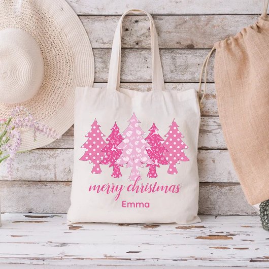 Roze Kerstboom Patroon met Elegante Naam Tote Bag