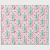 Roze Kerstboom Patroon Turquoise Kerstfeest Cadeaupapier (Vlak)