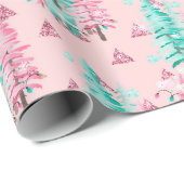 Roze Kerstboom Patroon Turquoise Kerstfeest Cadeaupapier (Rol Hoek)