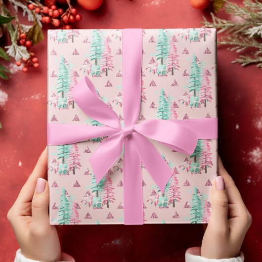 Roze Kerstboom Patroon Turquoise Kerstfeest Cadeaupapier