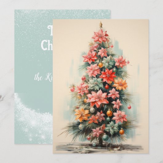 Roze Kerstboom Plat Kerstkaart Vintage Stijl (Voorkant / Achterkant)