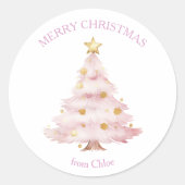 Roze kerstboom ronde sticker (Voorkant)