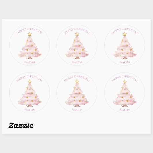 Roze kerstboom ronde sticker (Vel)