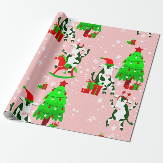 Roze Kerstboom Santa koe Cadeaupapier (Uitgerold)