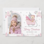 Roze Kerstboom Schattigee Teddy Arch Foto Feestdagenkaart (Voorkant)
