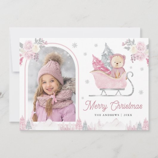 Roze Kerstboom Schattigee Teddy Arch Foto Feestdagenkaart (Voorkant)