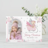 Roze Kerstboom Schattigee Teddy Arch Foto Feestdagenkaart (Staand voorkant)