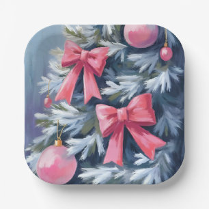 Roze Kerstboom   Strikken Ornamenten Waterverf Papieren Bordje