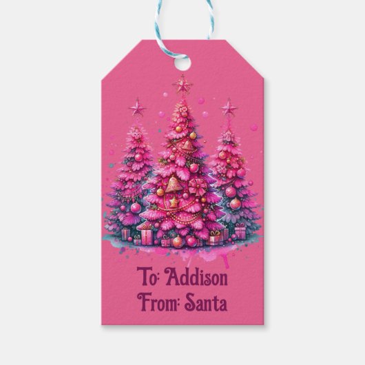 Roze kerstboom trendy preppy esthetiek cadeaulabel (Voorkant)