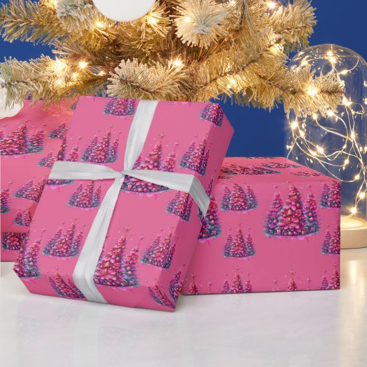 Roze kerstboom trendy preppy esthetiek cadeaupapier (Feestdagen)