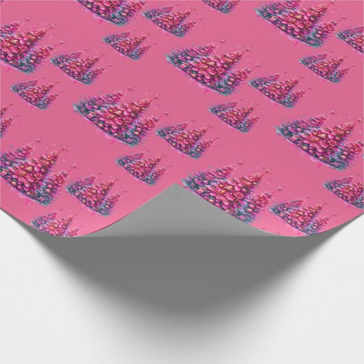 Roze kerstboom trendy preppy esthetiek cadeaupapier (Hoek)
