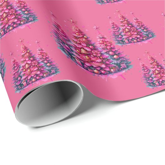 Roze kerstboom trendy preppy esthetiek cadeaupapier (Rol Hoek)