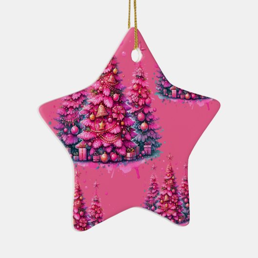 Roze kerstboom trendy preppy esthetiek keramisch ornament (Rechts)