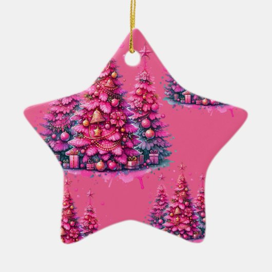 Roze kerstboom trendy preppy esthetiek keramisch ornament (Voorkant)