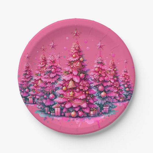 Roze kerstboom trendy preppy esthetiek papieren bordje (Voorkant)