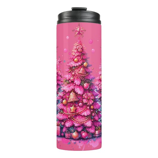 Roze kerstboom trendy preppy esthetiek thermosbeker (Voorkant)
