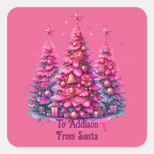 Roze kerstboom trendy preppy esthetiek vierkante sticker (Voorkant)