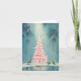 Roze kerstboom uit het verleden herten Blauwe acht Feestdagen Kaart