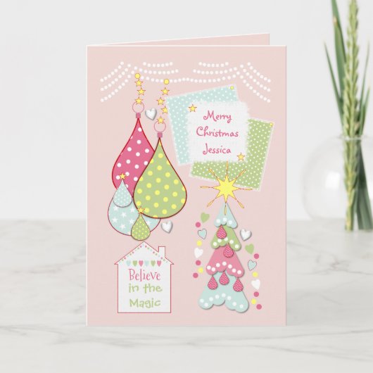 Roze kerstboom van ons huis feestdagen kaart (Voorkant)