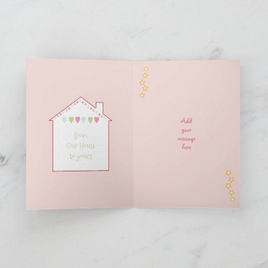 Roze kerstboom van ons huis feestdagen kaart (Binnen)