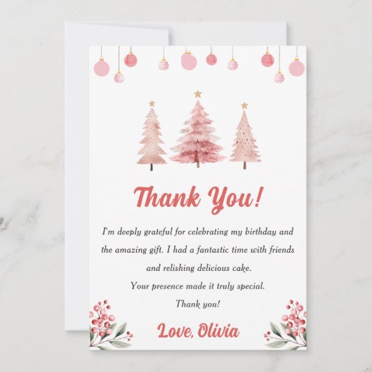 Roze Kerstboom Verjaardagsfeestje Dank u kaart (Voorkant)