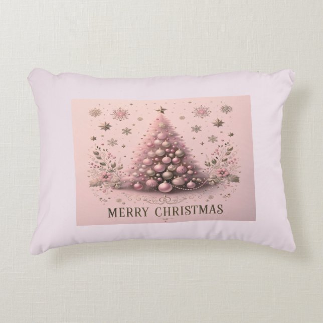 Roze Kerstboom Vrolijk Kerst Accent Kussen (Voorkant)