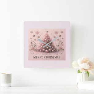 Roze Kerstboom Vrolijk Kerst Wandklok