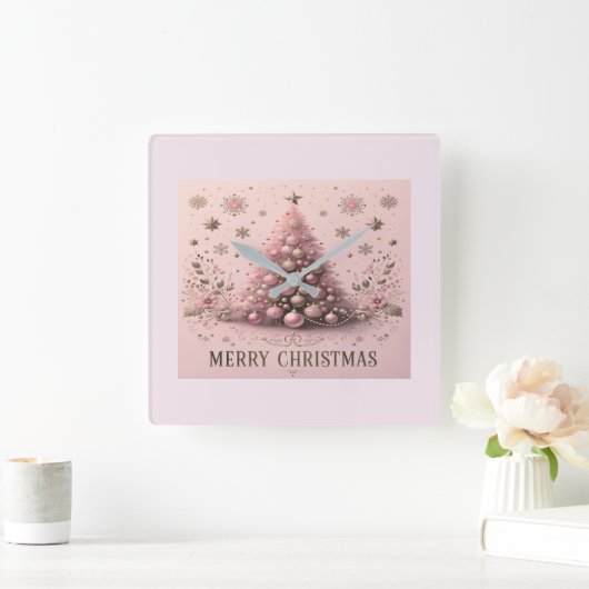 Roze Kerstboom Vrolijk Kerst Wandklok (Huis)