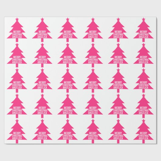 Roze Kerstboom Vrolijk Kerstfeest Custom Name Cadeaupapier (Vlak)