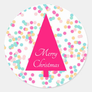 Roze Kerstboom Vrolijke Kerstmis Typografie Ronde Sticker