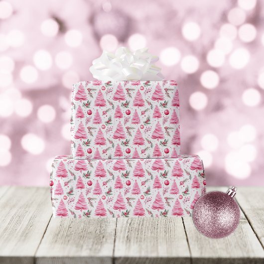 Roze Kerstboom Waterverf Pattern Cadeaupapier